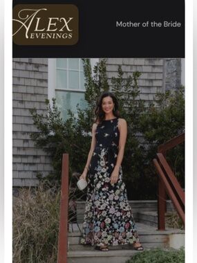 ALEX EVENINGS  Black Floral GOWN  with Multicolor EMBROIDERED FLOWERS WEDDING